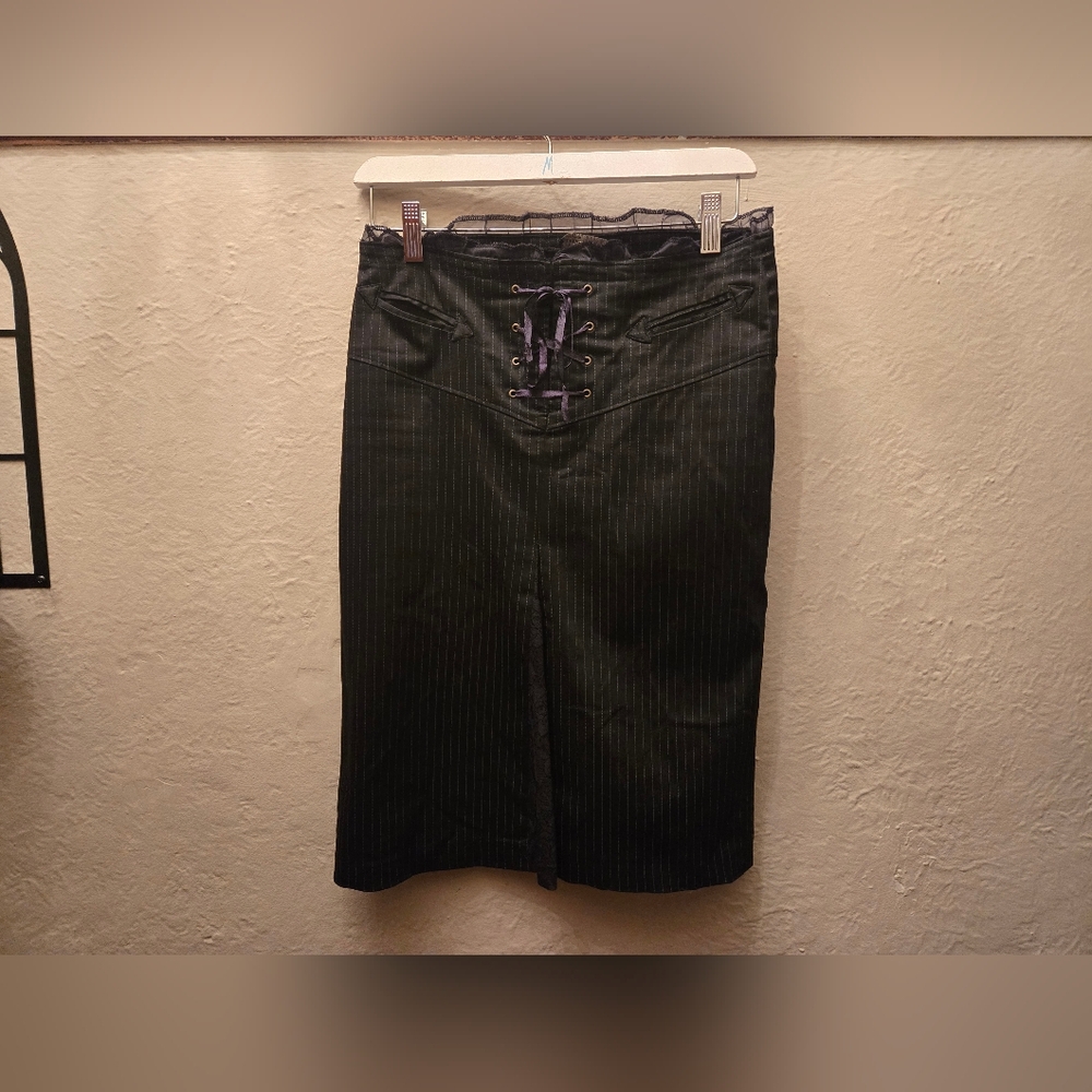 Buffalo David Bitton Black Pinstripe Pencil Skirt with Purple Lace-Up - Picture 8 of 8